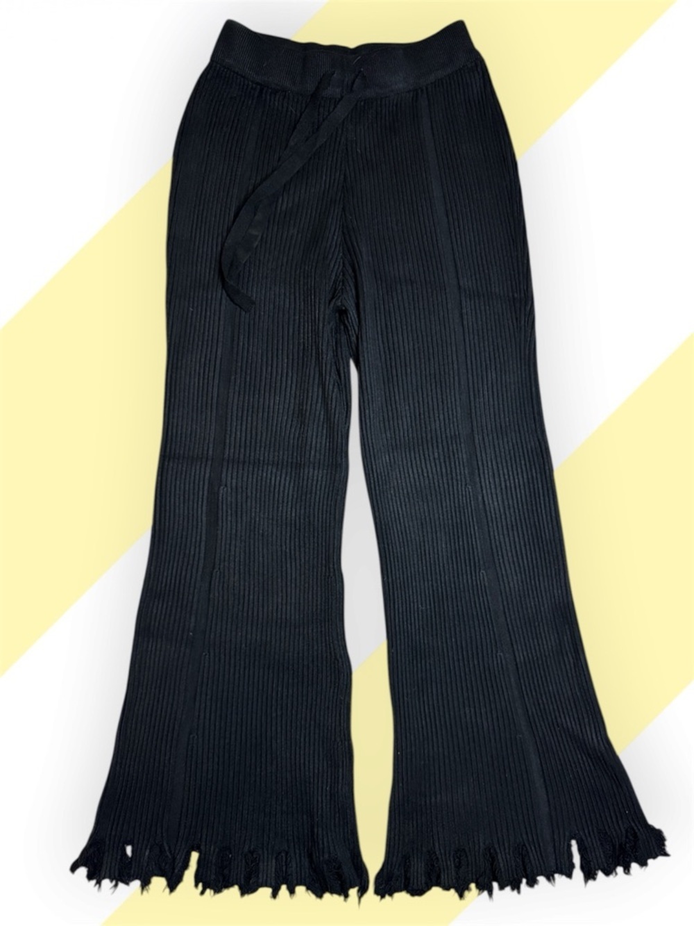 NWOT Black Ribbed Knit Wide Leg Stretch Pants with Fringe Hem est sz S